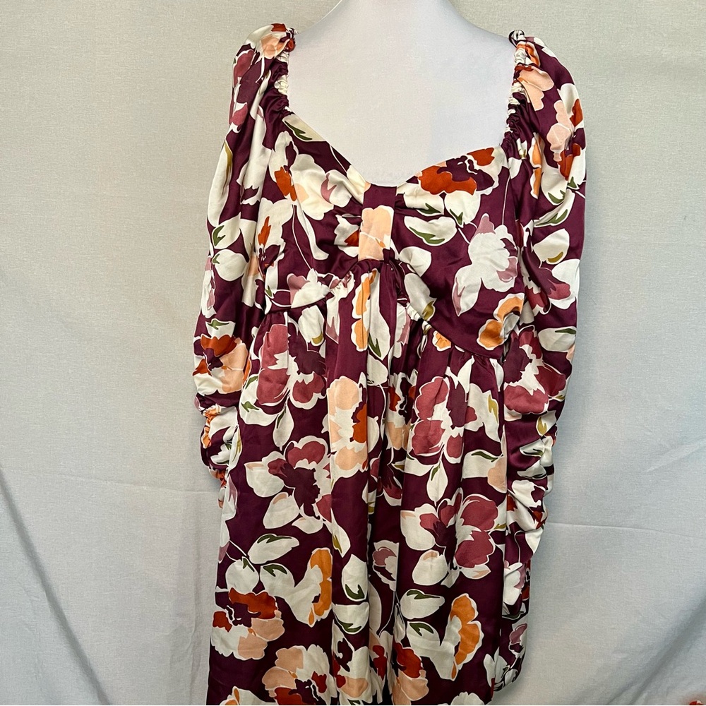 Eloquii Elements Womens Babydoll Dress Size 18 Floral Satin Smocked Puff Sleeve